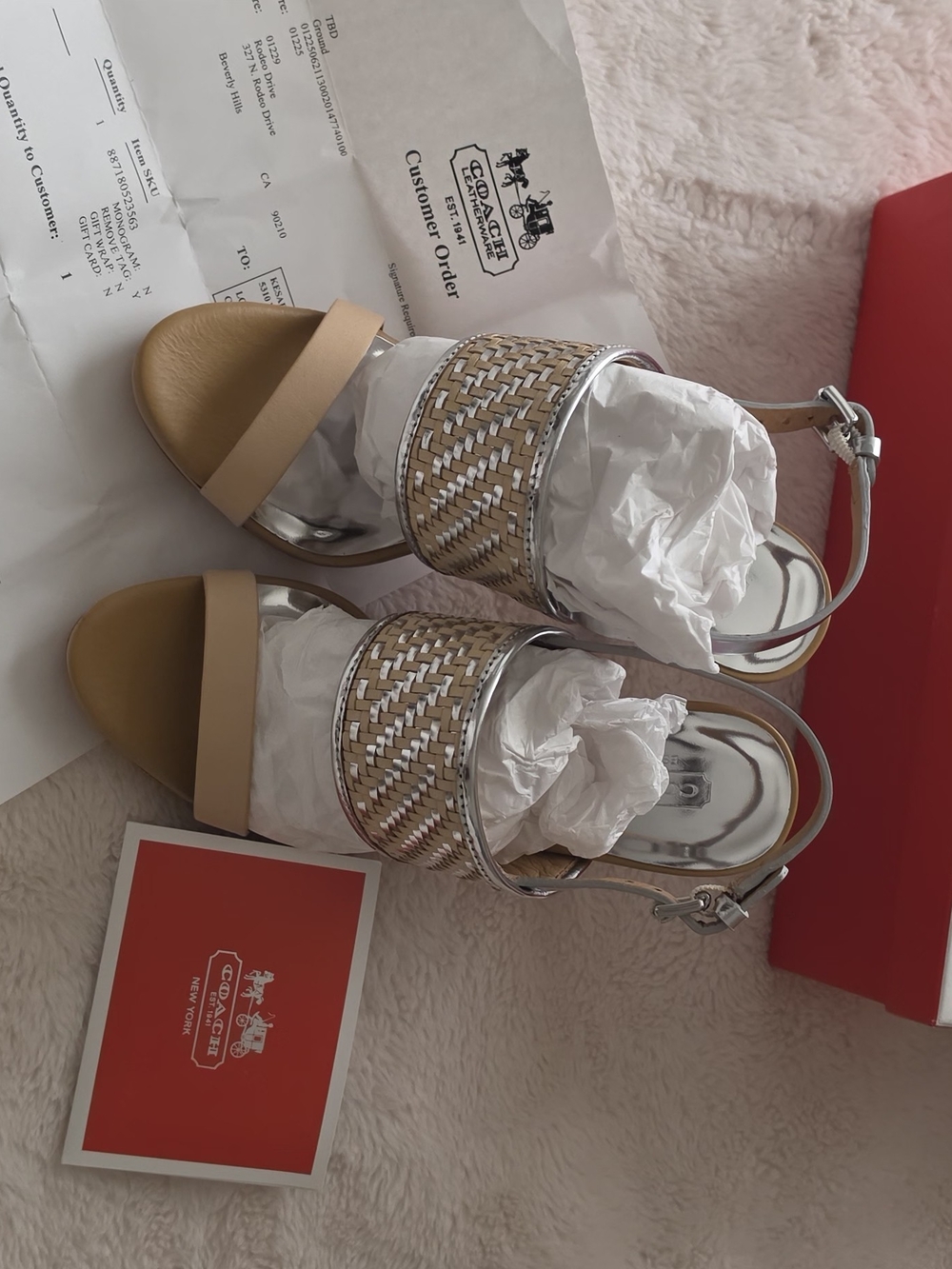 Coach Beige Woven & Silver Slingback Sandals